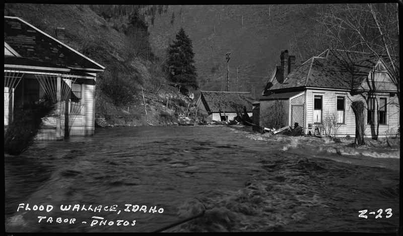 The ongoing flood in Wallace, Idaho that is rushing up to already damaged houses.