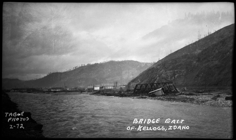A collapsed bridge east of Kellogg during a flood.