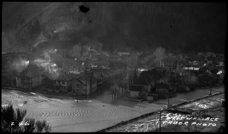 Overhead view of West Wallace during a flood. The waters appear to have reached most if not all of the houses.