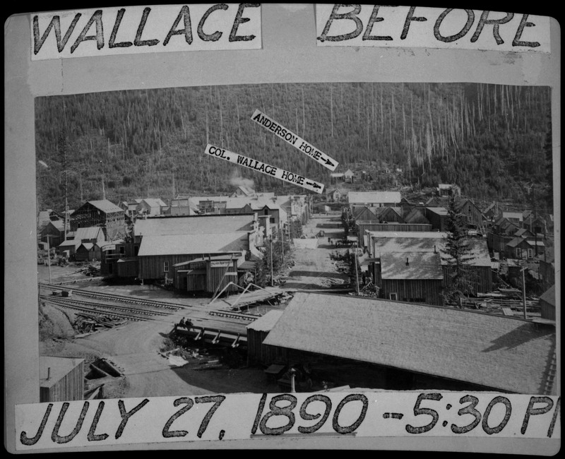 An image of a photograph showing Wallace before fire. The Anderson home and Col. Wallace home are marked in the photograph. The text around the image also reads, "July 27, 1890 - 5:30 Pl" (possibly the time the photograph was taken).