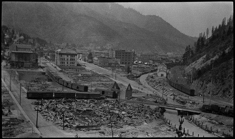 View of ruins in Wallace following a fire in 1910. There are standing buildings, but most of the buildings in the foreground are destroyed.