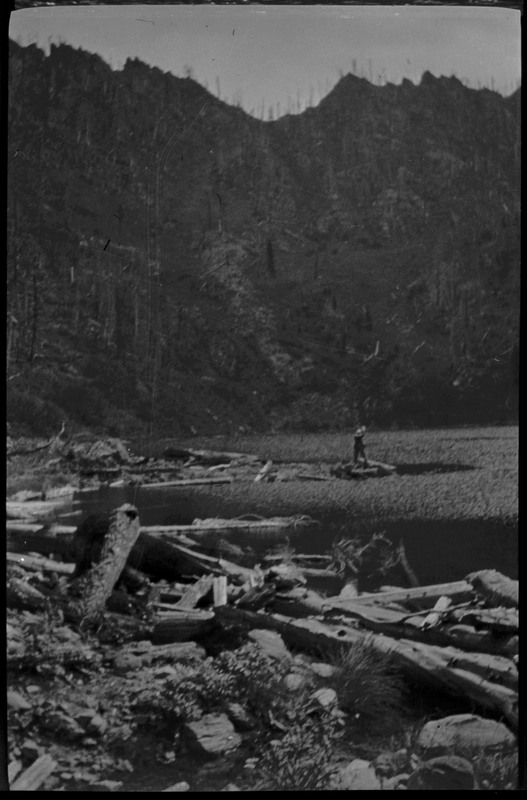 A person standing in the distance, near a body of water. There are piles of timber in the foreground and a mountainside in the background.