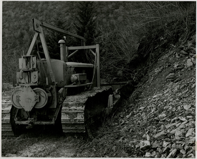 A view of logging machinery from the back, next to a few trees, dirt, and vegetation.