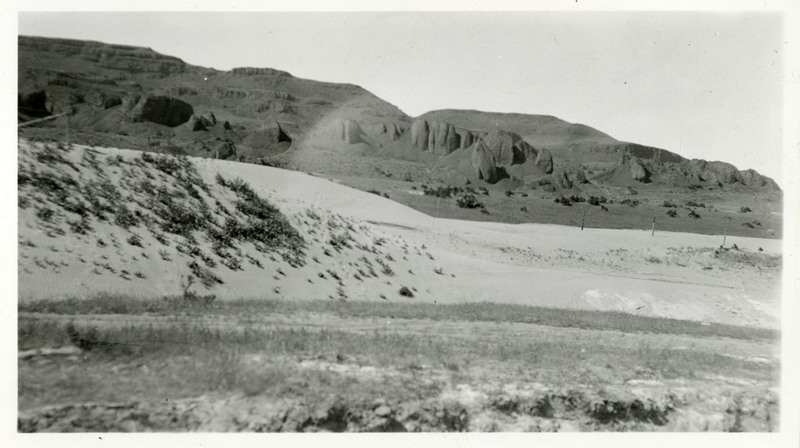 View of rocky and sandy landscape.