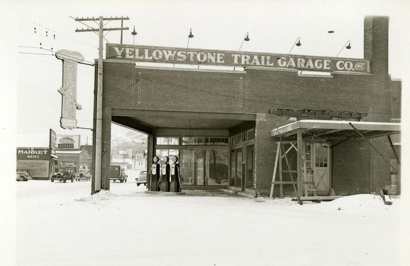 A view of the Yellowstone Trail Garage brick building.
