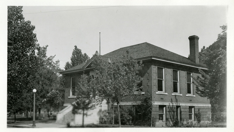 The Wallace Carnegie Library surrounded by trees. The Wallace Carnegie Library was completed in February/March 1911 and opened to the public on October 23, 