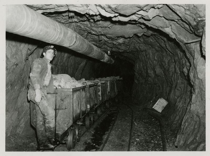 A miner next to mine carts in a tunnel.