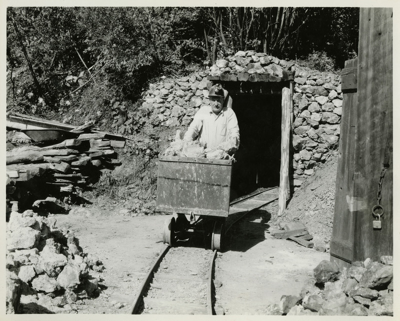 A miner pushing a cart of materials from a mine tunnel.