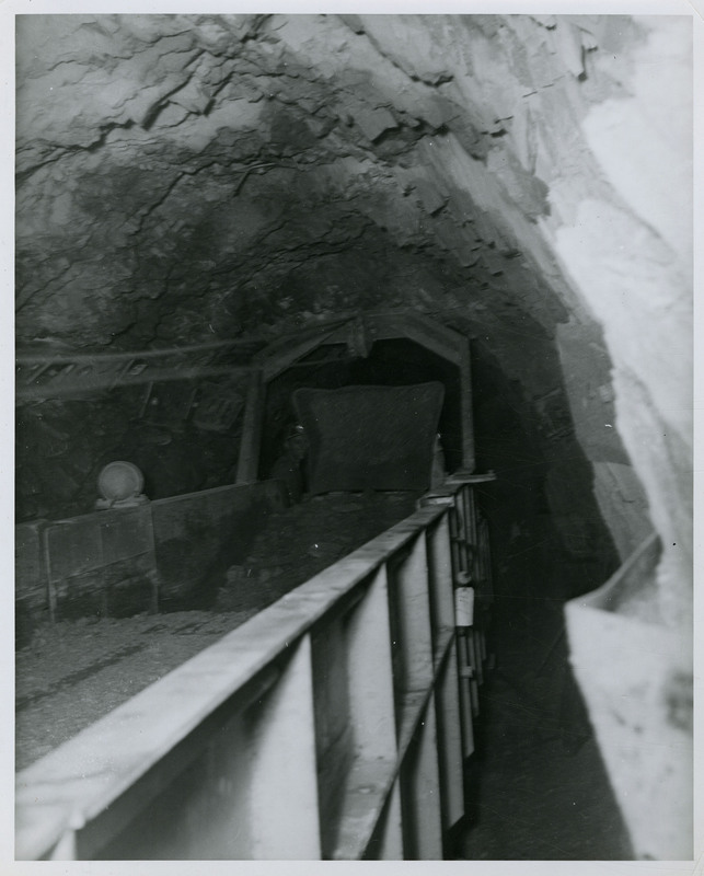 A miner next to a cart of materials in a tunnel.