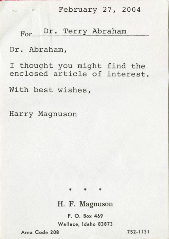 Note addressed to Dr. Terry Abraham from Harry Magnuson. Black and white photocopy of an article titled, "Treasure trove of photos found in basement of Tabor building."