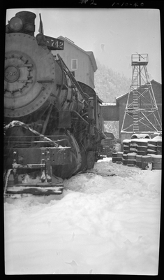 Photo of the Union Pacific Train that hit a hardware truck in Coeur d'Alene, Idaho. The hit truck is not visible in the photo, but the train appears to have sustained minimal damage. There is snow on the ground.