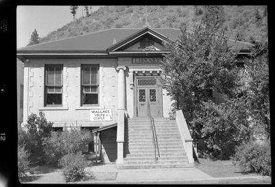 Photo of the Wallace Library and the Wallace Youth Center. The library is its own building, and the Youth Center has a sign above the door underneath the main level of the library. The right side of the building is obscured by trees.