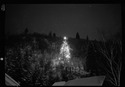 Photo of a decorated and lit up Christmas tree outside in a wooded area. The light from the tree illuminates some of the surrounding area, but not much detail can be made out. There appears to be snow on the ground.