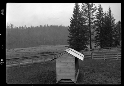 Scene from Revelli Ranch. The photographer is standing inside of an empty animal pen with a small structure in front, possibly a chicken coop. Trees are visible in the background.