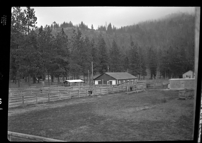 Scene from Revelli Ranch overlooking several empty livestock pens and a few buildings. There are also trees in the background.