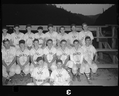 Photo of the Babe Ruth all-star baseball team posing for a photo on a set of bleachers. They are all wearing similar uniforms.