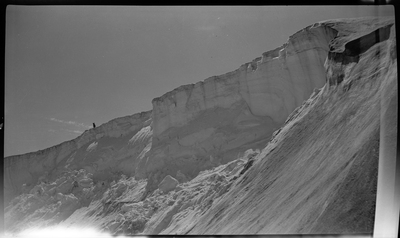 A dog stands at the top of a snow covered drop off at Jack Waite Mine, a fair distance away from the photographer. Some of the snow has fallen down the hill.