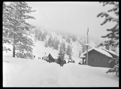Group of people in ski gear competing in tournament. There is a building to the right of the group of people, and trees to their left. The ground, trees, and roof are covered in snow.
