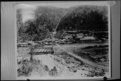 Image of a photograph of Hercules Mill. The complex is just in front of the tree line, with a bridge visible in front of it. The photo is taken from a higher vantage to show the complex, bridge, and a river.