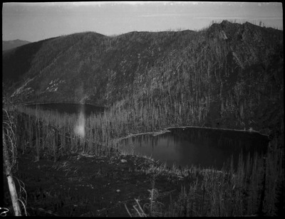 View of two bodies of water and scorched trees around the time of the 1910 Wallace fire.