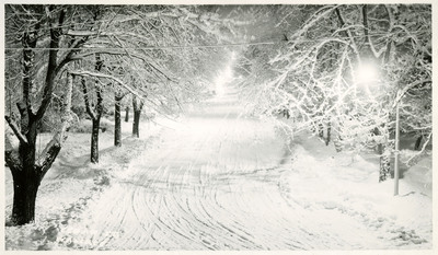 Streetlights reflect off the snow on the road and trees near the Wallace-Missoula Highway.
