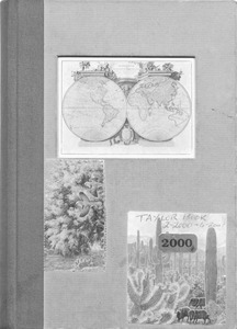 A notebook with three images pasted on the cover. "Taylor Book 2-2000 - 6-2001" is written above a "2000" sticker.