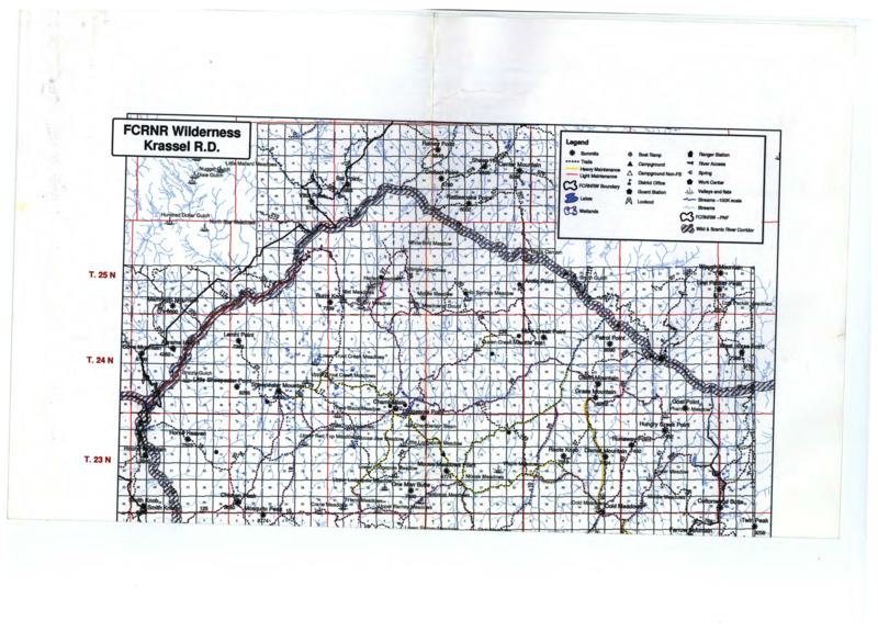 Topographical map of Frank Church River of No Return Wilderness Ranger District. Legend in top right corner of map.