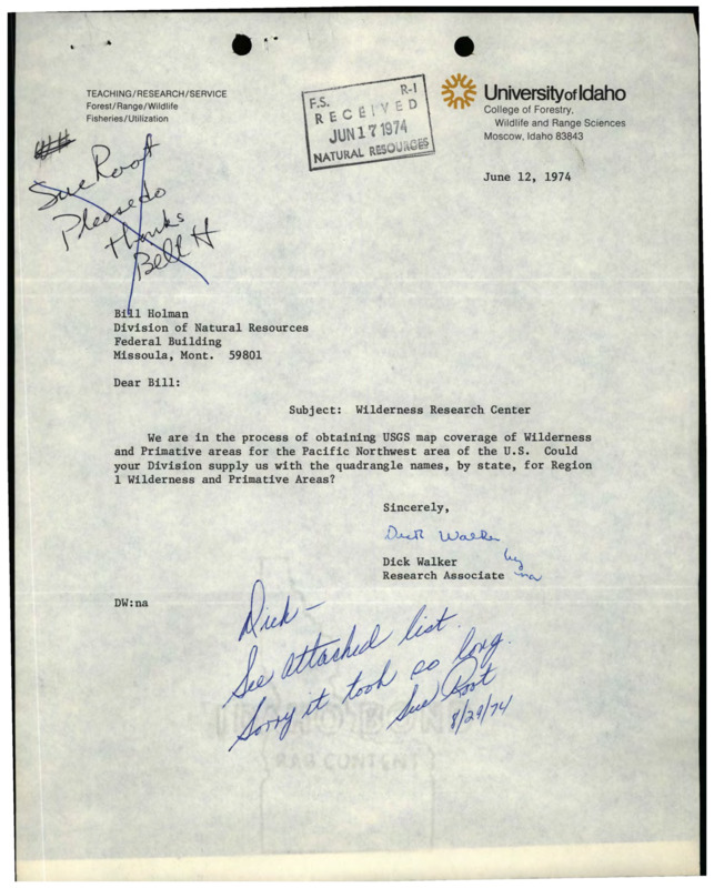 Correspondence between Dick Walker and Bill Holman about USGS map coverage of Wilderness and Primitive areas for the Pacific Northwest of the United States of America.