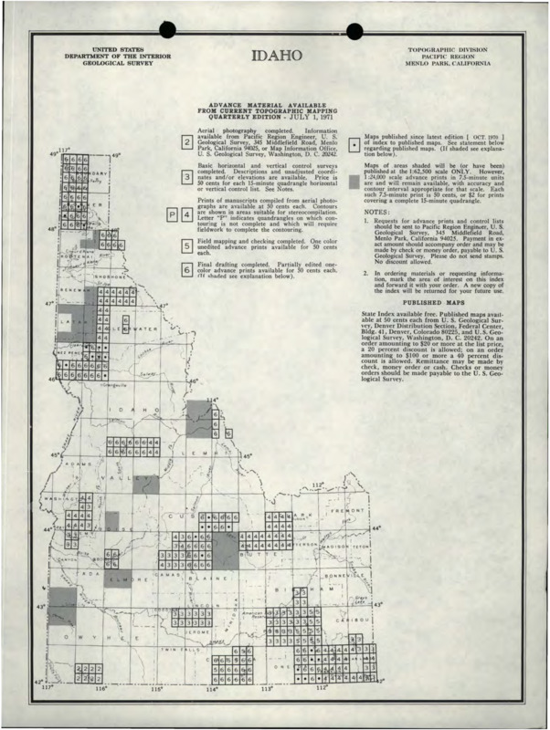 A map of idaho showing areas that have been photographed and processed for topographical information.