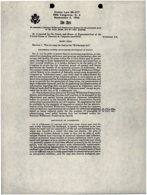 The Text of the "Wilderness Act" (Public Law 88-577)