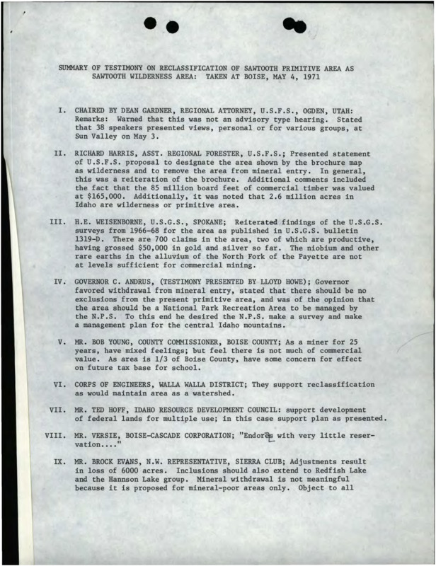 Written summary of testimony on the reclassification of Sawtooth Primitive Area as Sawtooth Wilderness Area given at the Boise public hearing on May 4, 1971.