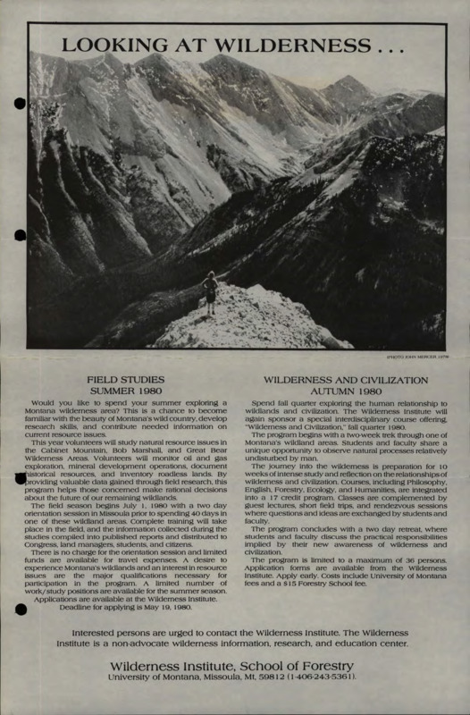 Advertisement for field studies in Summer 1980 of the "Wilderness and Civilization" Class for Fall 1980