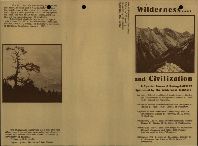 Special course offering flyers about "Wilderness and Civilization" with a letter from Robert R. Ream.