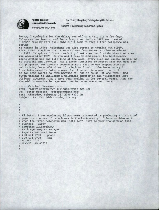 Emails between Pete and Larry about the history of the telephone lines in the Big Creek and surrounding wilderness areas.