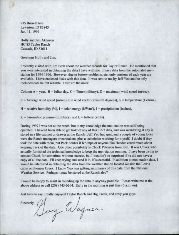 A letter from Guy Wager responding to a request for data from an automated met station at the Taylor Ranch.