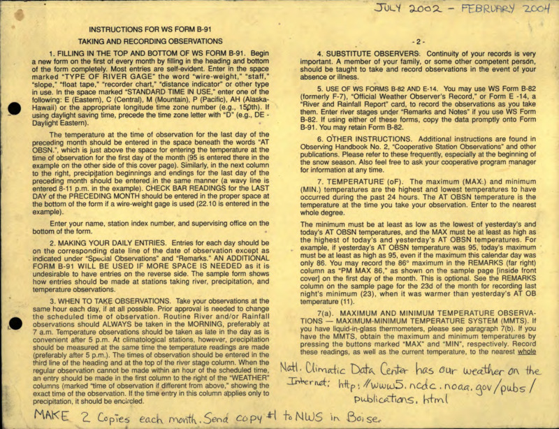 Instructions for recording meteorological data using WS Form B-91 including a filled out example form. Handwritten notes record additional instructions and give a website's address where the Natl. Climate Data Center stores previous data.