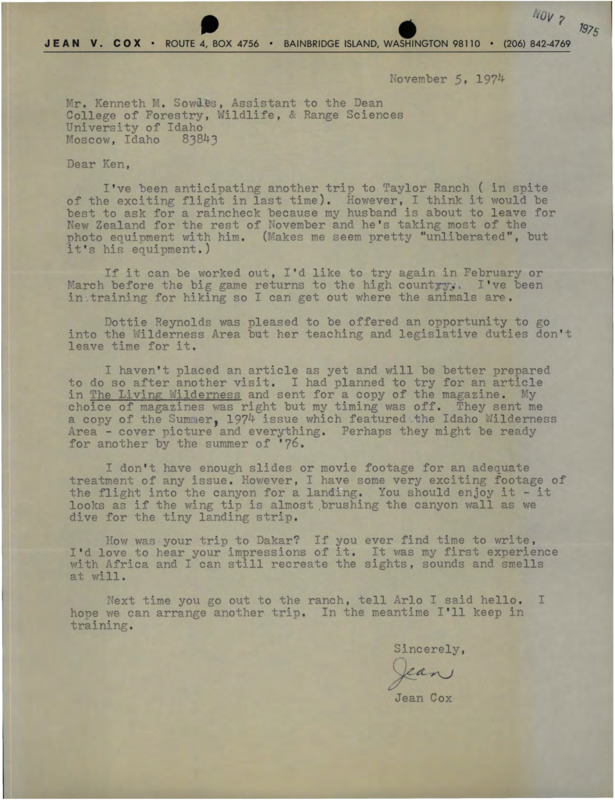 A letter from Jean V. Cox to Assistant Dean Kenneth M. Sowles about delaying her next trip to the Taylor Ranch due to her husband's travel schedule.