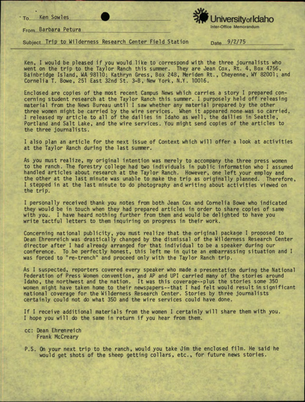 A memo to Ken Sowles from Barbara Petura responding to his request for further information about the journalists' trip to the Taylor Ranch.