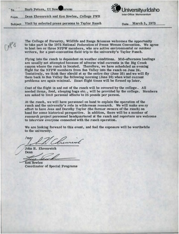 Memos about arranging a trip of press personnel to the Taylor Ranch and the flyer that was published to recruit candidates for the trip.