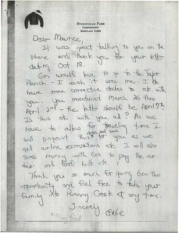 Correspondence about planning a visit to the Taylor Ranch in spring 1982. Final letter is a thank you letter to Jeff Yeo for a previous visit.