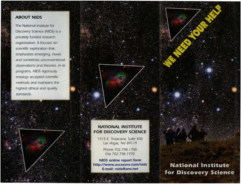 A pamphlet and letter from the National Institute for Discovery Science (NIDS) asking for assistance in collecting information about anomalous phenomena, including UFOs. A handwritten note asks "Jim + Holly! Seen any UFOs lately?"