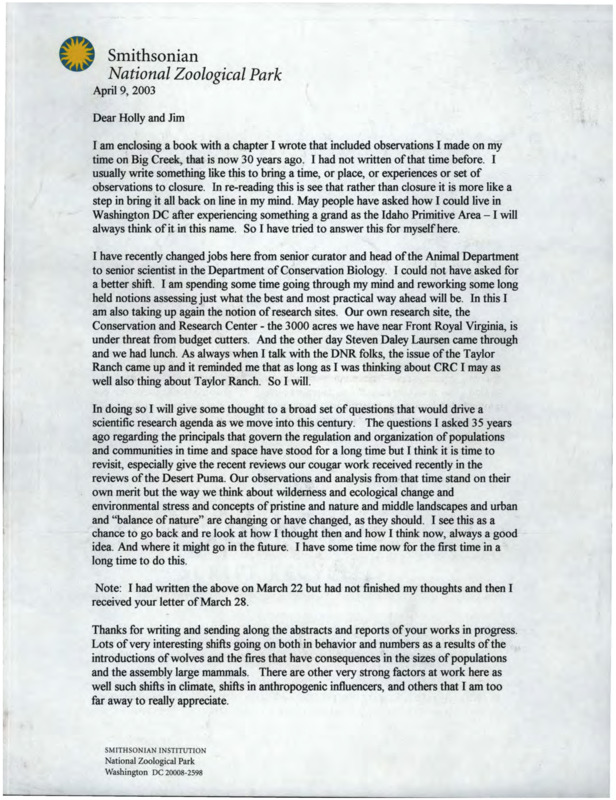 A letter from John Seidensticker to Jim and Holly Akenson about collaborating on publications together.