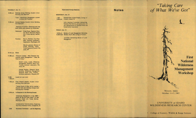 Printed pamphlet that contains the schedule for the First National Wilderness Management Workshop.