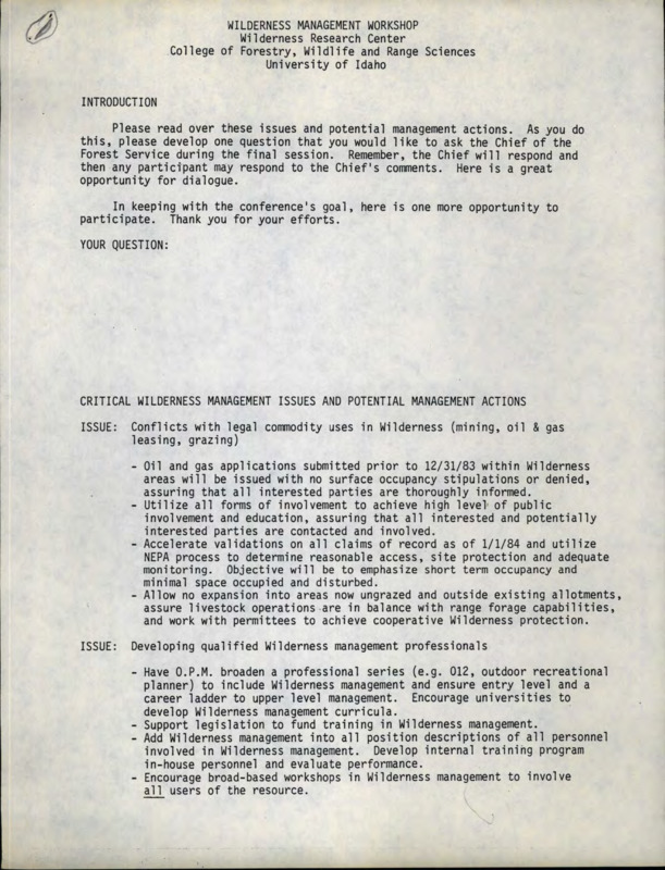 A form created to gather questions about various critical wilderness management issues during the Wilderness Management Workshop.