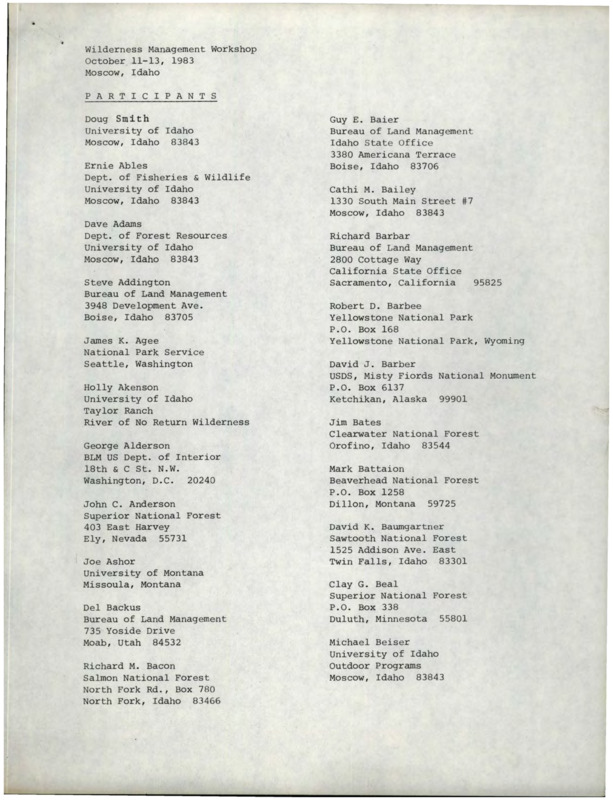 A list of individuals participating in the Wilderness Management Workshop, October 1983.