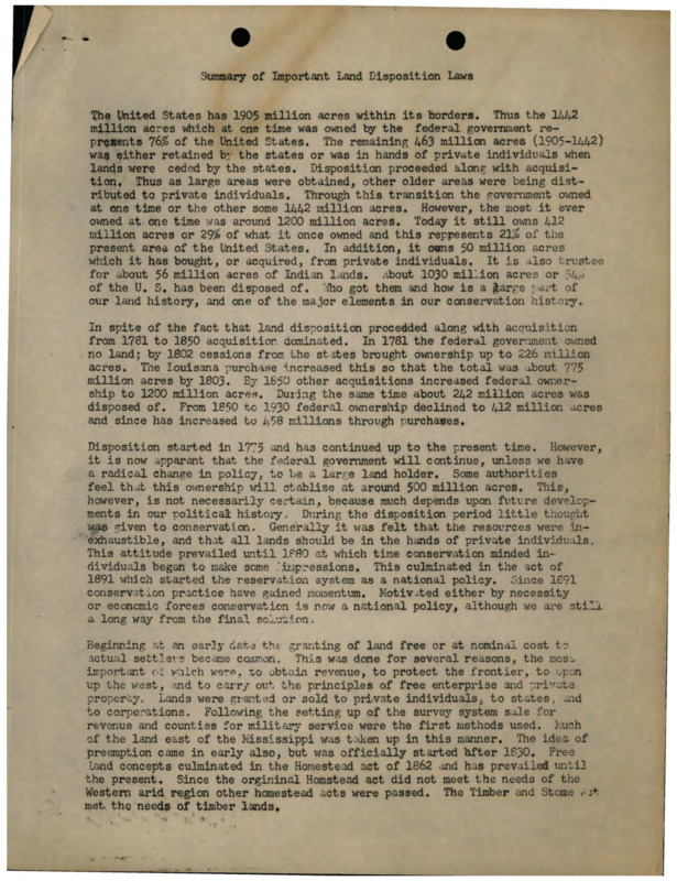 A paper listing laws that govern the public land of the United States of America including the approximate date of the law, the law's title, and how many million acres the law impacts.