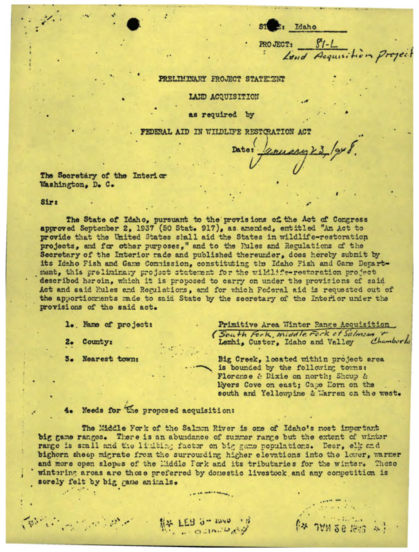 Preliminary Project Statement Land Acquisition as required by Federal Aid in Wildlife Restoration Act 81-L
