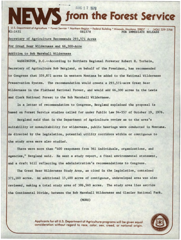 News release explaining Secretary of Agriculture Bob Bergland recommendation to add 359,871 acres in western Montana to the National Wilderness Preservation System.