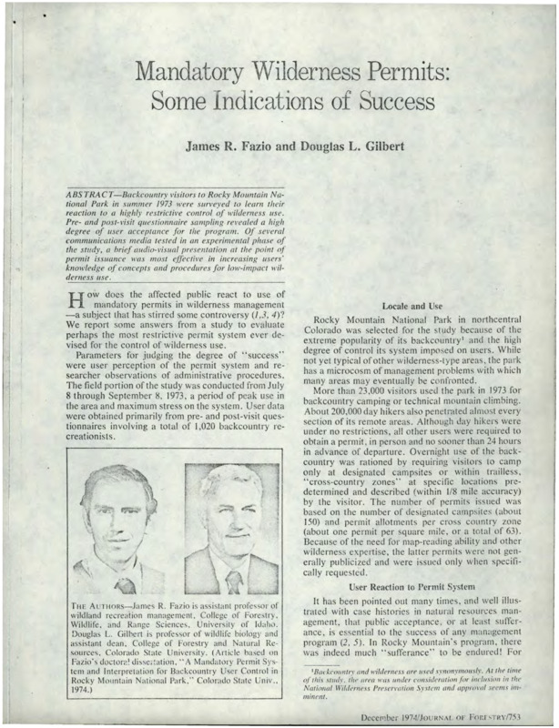 Paper discussing the results of surveys given to backcountry visitors to Rocky mountain National Park in summer 1973.