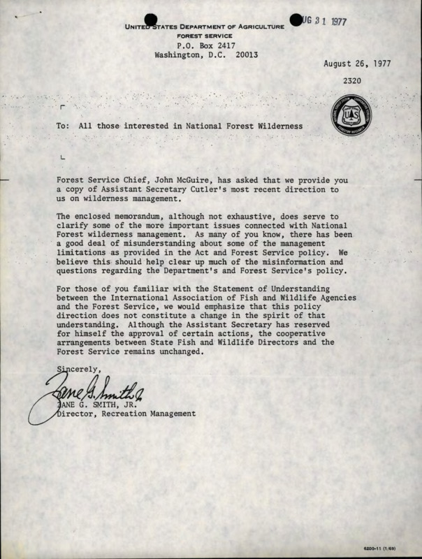 Copy of a memorandum from Assistant Secretary M. Rupert Cutler clarifying Department of Wilderness Management objectives and operating procedures with a letter from Zane G. Smith.